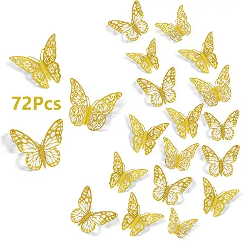 SAOROPEB 3D Gold Butterfly Wall Decor 72Pcs 3 Sizes 3 Styles Butterfly Party Decorations Cake Decorations Removable Stickers Wall Decor Room Mural Metallic Kids Bedroom Nursery Classroom Wedding Decor...