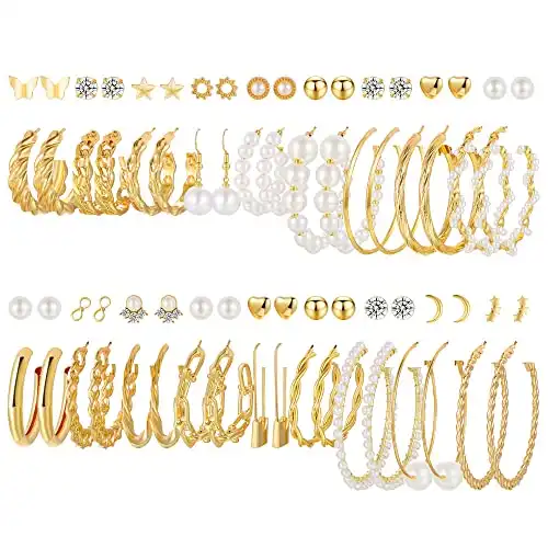 30 Pairs Gold Hoop Earrings Set for Women Girls, Fashion Hoop Stud Drop Dangle Earrings Boho Statement Paperclip Hypoallergenic Earrings for Christmas Jewelry Gift (1-36-gold)