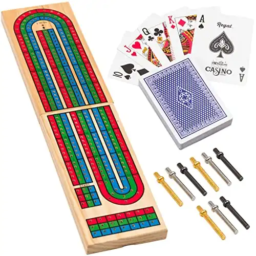 Regal Games - Traditional Wooden Cribbage Board Set - Classic Tabletop Game - Includes 1 Wood Game Board, Deck of Cards, 9 Metal Pegs - Fun for Family Game Night - for 2-4 Players - Ages 8+