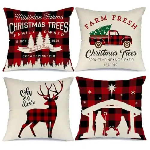 AENEY Buffalo Plaid Christmas Pillow Covers 18x18 Set of 4 Christmas Pillows Xmas Winter Holiday Throw Pillows Deer Farmhouse Christmas Decor Red Truck Christmas Decorations for Couch A265