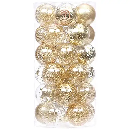 Sea Team Shatterproof Clear Plastic Christmas Ball Ornaments Decorative Xmas Balls Baubles Set with Stuffed Delicate Decorations (60mm/2.36"/30-Pack, Gold)