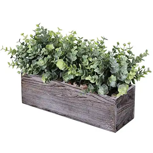 Faux Eucalyptus Plants in Rustic Rectangular Wood Planter Box Artificial Eucalyptus Greenery Arrangement Potted Plant in Dusty Green for Wedding Centerpiece Office Room Table Windowsill Décor