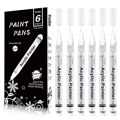 Paint Pens White Marker 6 Pack,0.7mm Acrylic White Permanent Marker,White Paint Pens for Rock Painting Stone Ceramic Glass Wood Plastic Glass Metal Canvas Water-based Extra Fine Point