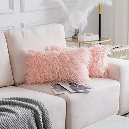 Home Brilliant 12x20 Pillow Cover Rectangular Faux Fur Fuzzy Accent Decorative Pillows Case for Couch Barbie Decor, 30cmx50cm, 2 pcs, Pink
