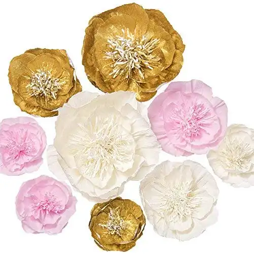 Ling's moment Paper Flower Decorations Set of 9(12''-8'' Assorted), Handcrafted Large Crepe Paper Peonies for Party Wedding Nursery Bridal Shower Centerpiece Photo Backdrops(G...