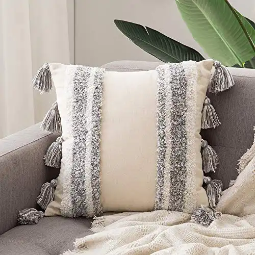 MIULEE Decorative Throw Pillow Cover Tribal Boho Woven Tufted Pillowcase with Tassels Super Square Pillow Sham Pillowcase Cushion Case for Sofa Couch Bedroom Car Living Room 18X18 Inch Grey