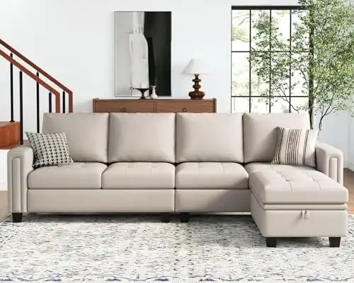 Belffin Faux Leather Convertible Sectional Sofa Couch L Shaped Couch Sofa with Reversible Chaise Leather Corner Sectional 4 Seat Sofa with Storage Ottoman Beige