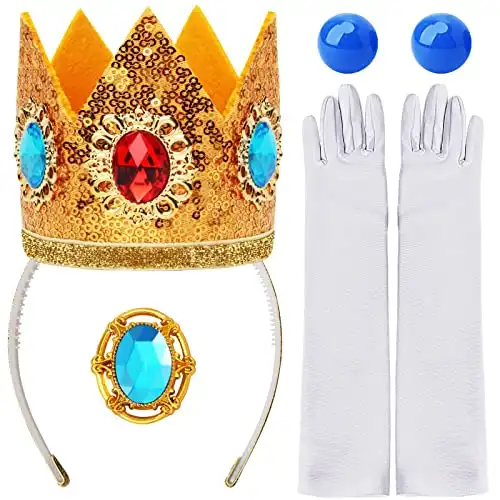HEYFIZZ Set of 4 Princess Peach Crown Accessories Kit,Princess Dress Up Accessories for Kids Girls,Include Peach Tiara Crown/Brooch/Earring/ Glove
