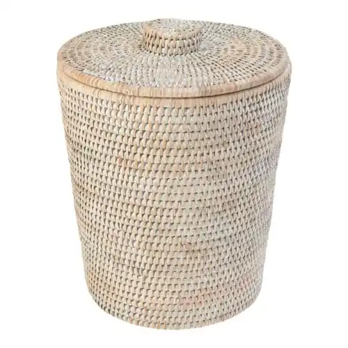 KOUBOO La Jolla Rattan Round Waste Basket With Lid & Plastic Insert, 2 Gallon Woven Wastebasket for Bathroom, Kitchen, Office, Living Room, & Home Decor, White Wash