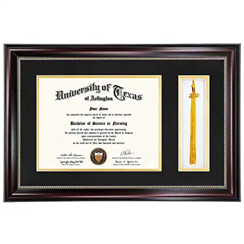 GraduationMall 11×17 Mahogany Diploma Frame with Tassel Holder for 8.5×11 Certificate Document,Real Glass, Black over Gold Mat