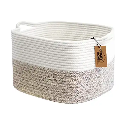 COMFY-HOMI Cotton Rope Woven Basket With Handles for Shelves,Toys,Book, Cloth Storage Baskets for Organizing-13.5" x 11" x 9.5" Decorative Organizer for Living Room, Bathroom （White/B...