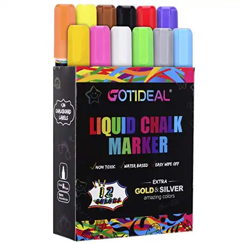 GOTIDEAL Liquid Chalk Markers, 12 Colors Premium Window Chalkboard Neon Pens, Including 2 Metallic Colors, Painting and Drawing for Kids and Adults, Bistro & Restaurant, Wet Erase - Reversible Tip
