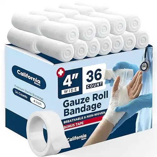 Gauze Bandage Rolls with Bonus Tape (Pack of 36) - 4 Inch x 4 Yards Stretched Gauze Bandage, Breathable Gauze Wrap Used for First Aid Wound Care & Dressing, Bulk Gauze Rolls