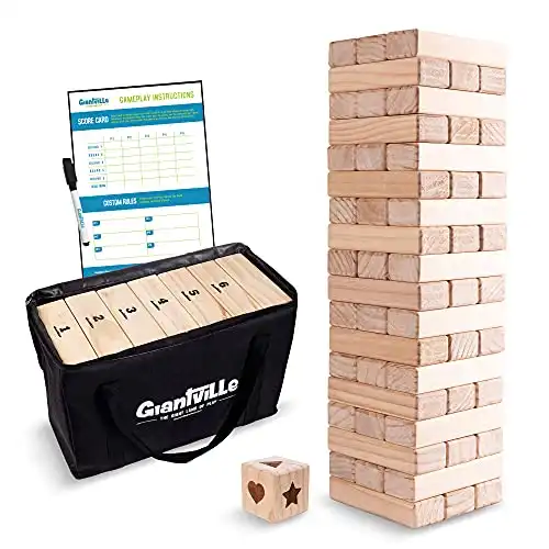 Giantville Giant Tumbling Timber Toy - Premium Pine Wood Life-Size Blocks Tower - Big Floor/Board Indoor/Outdoor Yard Game for Kids & Adults - 54-Pieces + Dice + Carry Bag - Grows to Almost 4-Feet