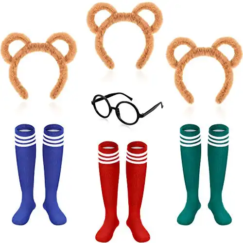 WILLBOND 7 Pcs Halloween Animal Costumes Set Includes Ears Headband Knee High Sock Round Frame Glasses for Adults Teens Party(White Stripes)