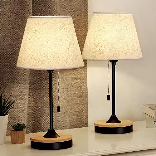 Table Lamp Set of 2, Wood Desk Lamps with Neutral Shade & Soft, Elegant Black Bedside Lamps, Ambient Lamp for Bedroom Nightstand, Coffee Table, Dressers