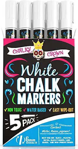 CHALKY CROWN Liquid Chalk Marker Pen - White Drawing Chalk - Chalkboard Markers for Chalkboard Signs, Windows, Blackboard, Glass - 6mm Reversible Tip (5 Pack) - 24 Chalkboard Labels Included