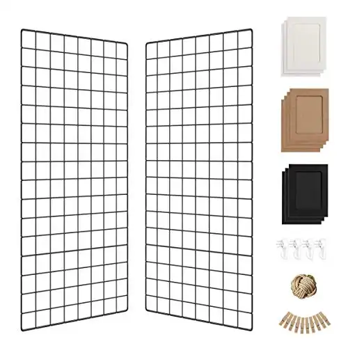 Wall Photo Grid Shelf, Wall Hanging Ins Art Display Grid Panel for Decor & Storage, Metal Wire Notice Boards & Memo Board, Mesh Tool Organiser, Wall Photo Frame 2 Pcs (Black, 15.7 x 31.5 inche...