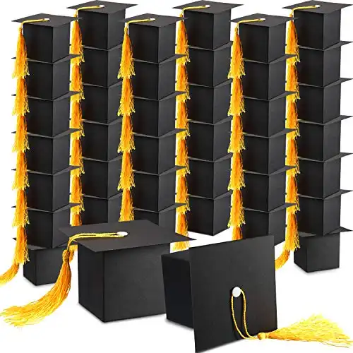 100 Pieces Candy Boxes for Graduation Party Favors, Class of 2023 Graduation Cap Gift Boxes/Centerpieces with Tassel for Graduation Ceremony (Yellow)