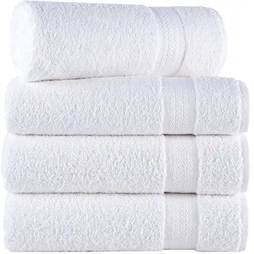 REGAL RUBY 4 Pack White Bath Towels Quick-Dry High Absorbent 100% Turkish Cotton Towel for Bathroom, Guests, Pool, Gym, Camp, Travel, College Dorm, Shower