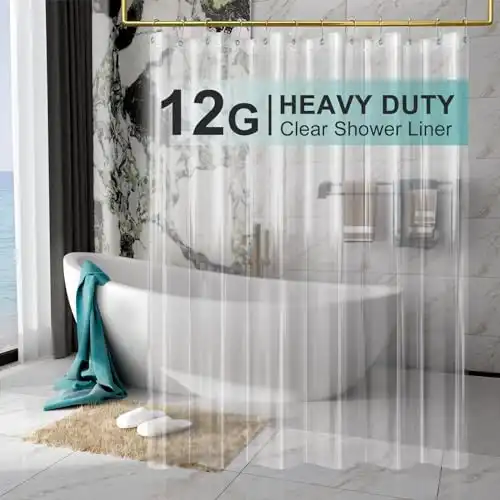 AmazerBath Heavy Duty Shower Curtain Liner 12 Gauge, 72 x 72 Inches Clear Weighted Plastic Shower Curtain Liner with 3 Clear Stones and 12 Grommet Holes