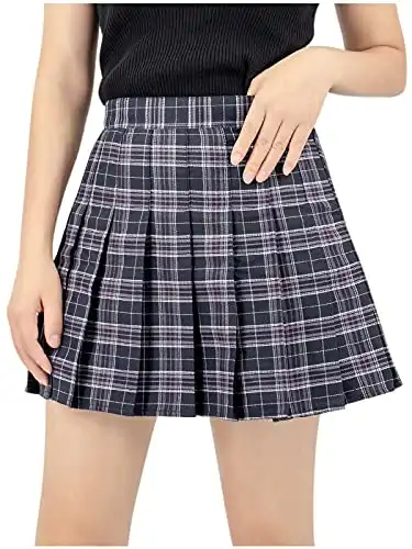 DAZCOS US Size Plaid Skirt for Women with Shorts Casual High Waist Pleated Mini Skater Skirts Navy-Black