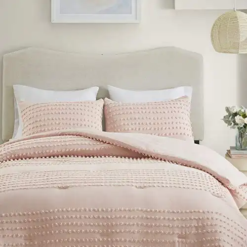 Comfort Spaces Cotton Comforter Set Jacquard Pom-Pom Tufts Design, Down Alternative, All Season Modern Bedding, Matching Shams, Twin/Twin XL, Phillips, Blush