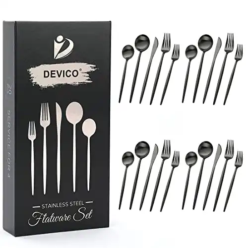 Devico Matte Silverware Set, 20-Piece 18/10 Stainless Steel Flatware Cutlery Utensils Tableware Set Service for 4, Great Gift for Friends/Family, Dishwasher Safe (4 sets, Black-A)