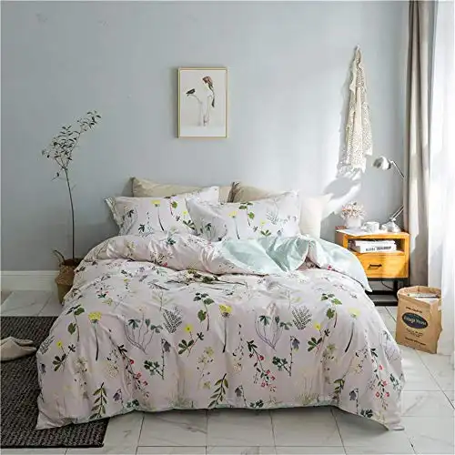 Botanical Duvet Cover Set, 100% Cotton Bedding, Yellow Flowers and Green Leaves Floral Garden Pattern Printed on White (3pcs, Queen Size)