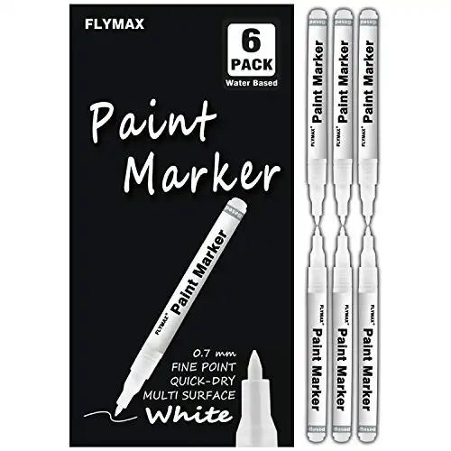 FLYMAX White Paint Pen, 6 Pack 0.7mm Acrylic White Permanent Marker White Paint Pens for Wood Rock Plastic Leather Glass Stone Metal Canvas Ceramic Marker Extra Very Fine Point Opaque Ink
