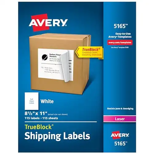 Avery Shipping Address Labels, Laser Printers, 100 Labels, Full Sheet Labels, Permanent Adhesive, TrueBlock (5165), White