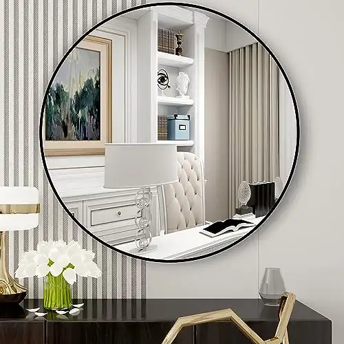 FANYUSHOW Round Wall Mirror 19.6" Black Metal Frame Circle Mirror Wall Mounted Mirror for Bathroom, Vanity, Living Room, Home Decor