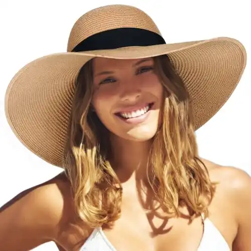 FURTALK Womens Sun Straw Hat Wide Brim UPF 50 Summer Hat Foldable Roll up Floppy Beach Hats for Women Khaki