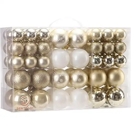 Sea Team 86-Pack Shatterproof Gold Christmas Ball Ornaments Set, Assorted Multi-Sized Hanging Baubles, Xmas Tree Decorations, Seasonal Décor for Holiday Wreath Garland, Hooks Included