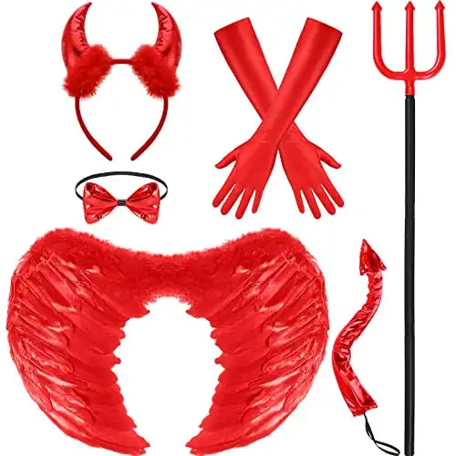 Hillban 6 Pcs Halloween Devil Costume Set Include Sequin Red Horns Headband Devil Tail Bowtie Devil Wings Long Gloves Devil Fork Demon Devil Costume for Women Men Kids Accessories Cosplay