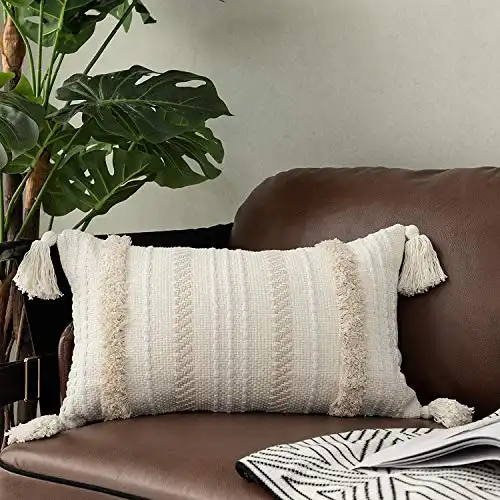 Birsppy Tiffasea Lumbar Decorative Throw Pillow Cover, 12x20 Inch Accent Neutral Pillow Case Boho Tufted Pillow Sham with Tassels Mud Cloth Cushion Cover Home Decor for Farmhouse Bedroom Living Room