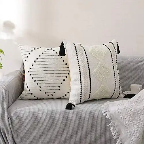 KKY Boho Tufted Neutral Decorative Throw Pillow Covers, Pure Cotton Hand-Woven Farmhouse with Tassel Throw Pillow Covers, Used in Sofa, Living Room and Bedroom. (Cream 2pc, Square 18x18 inch)