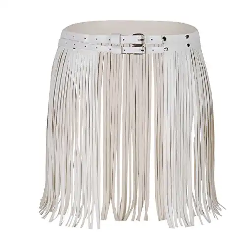 iEFiEL Women Faux Leather Waistband Fringe Tassel Skirt with Adjustable Belt for Party Dance Performance Costume White One Size