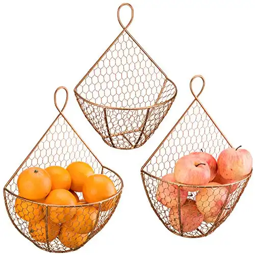 MyGift Set of 3, Farmhouse Copper Metal Wire Mesh Wall Hanging Baskets, Wall-Mounted Storage Basket, Decorative Kitchen Fruit Wall Basket Produce Holder