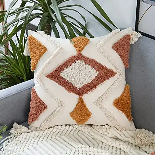 Merrycolor Boho Throw Pillow Covers 18x18, Decorative Pillow Covers with Tassels Woven Tufted Bohemian Pillow Covers for Couch Sofa Bedroom Living Room (Orange)