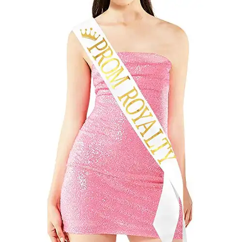 "Prom Royalty" Sash - School Dance Graduation Party School Party Accessories, White with Gold Print