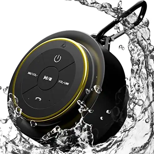 iFox Portable Bluetooth Shower Speaker, IPX7 Waterproof Outdoor Wireless Speaker, Built-in Mic, Carabiner, Beach, Camping, Hiking, Pool, Great Gift, Black/Gold