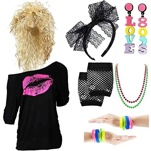 ZeroShop 80s Outfit for Women, 1980s Fashion Costumes Accessories - T-Shirts Clothes, Madonna Wig, Neon Earrings, Headband, Jewelry for Halloween Prom,Black,M