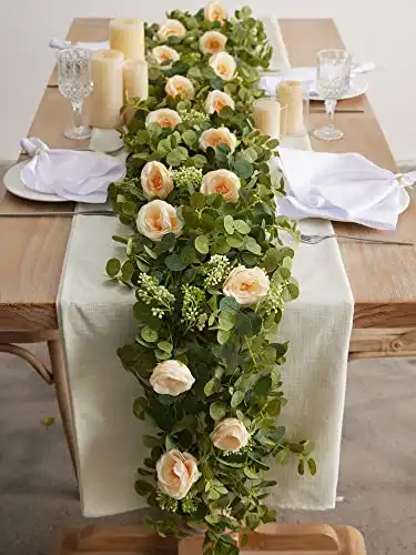 PARTY JOY 6.56ft Eucalyptus Garland with Flowers-8 Champagne Roses-Lush,Natural Looking, Floral Garland Greenery Garland for Party Wedding Table Indoor Outdoor Backdrop Wall Decor（Champagne,1）