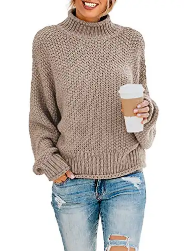 Dokotoo Womens High Neck Sweaters Batwing Ribbed Long Sleeve Winter Solid Fashion Casual Loose Oversized Chunky Knit Pullovers Sweaters Jumper Tops Khaki Small
