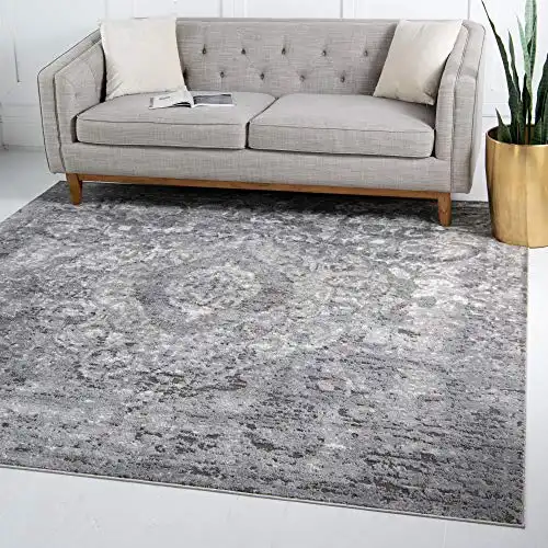 Rugs.com Oregon Collection Rug – 4 Ft Square Gray Low-Pile Rug Perfect for Living Rooms, Kitchens, Entryways