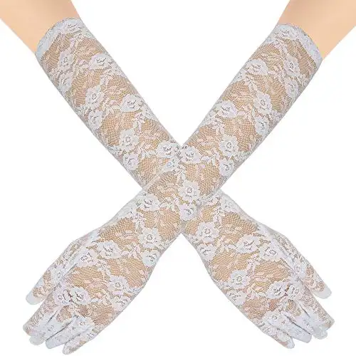 Skeleteen Elegant Lace Elbow Gloves - 1920s Fashion Opera Length Tea Party White Wedding Gloves