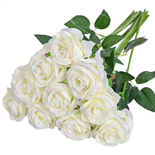 Nubry Artificial Silk Rose Flower Bouquet Lifelike Fake Rose for Wedding Home Party Decoration Event Gift 10pcs (Off White)