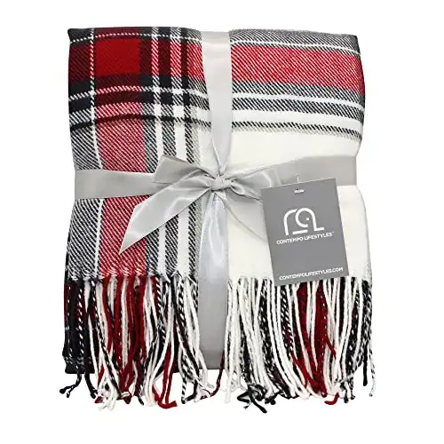 Blankets - Decorative Classic Blanket - Plaid Throw Blanket - Comfortable and Ultra-Soft - Lightweight & Indoor Outdoor Blanket - Ideal for Living Room, Couch, Travelling, Holiday, Ivory/Red