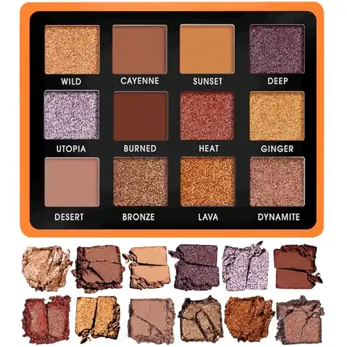 Lamora Nude Bronze Eyeshadow Palette - 12 Warm Brown Highly Pigmented Shimmer & Matte Shades - Travel Size Makeup Palette with Mirror